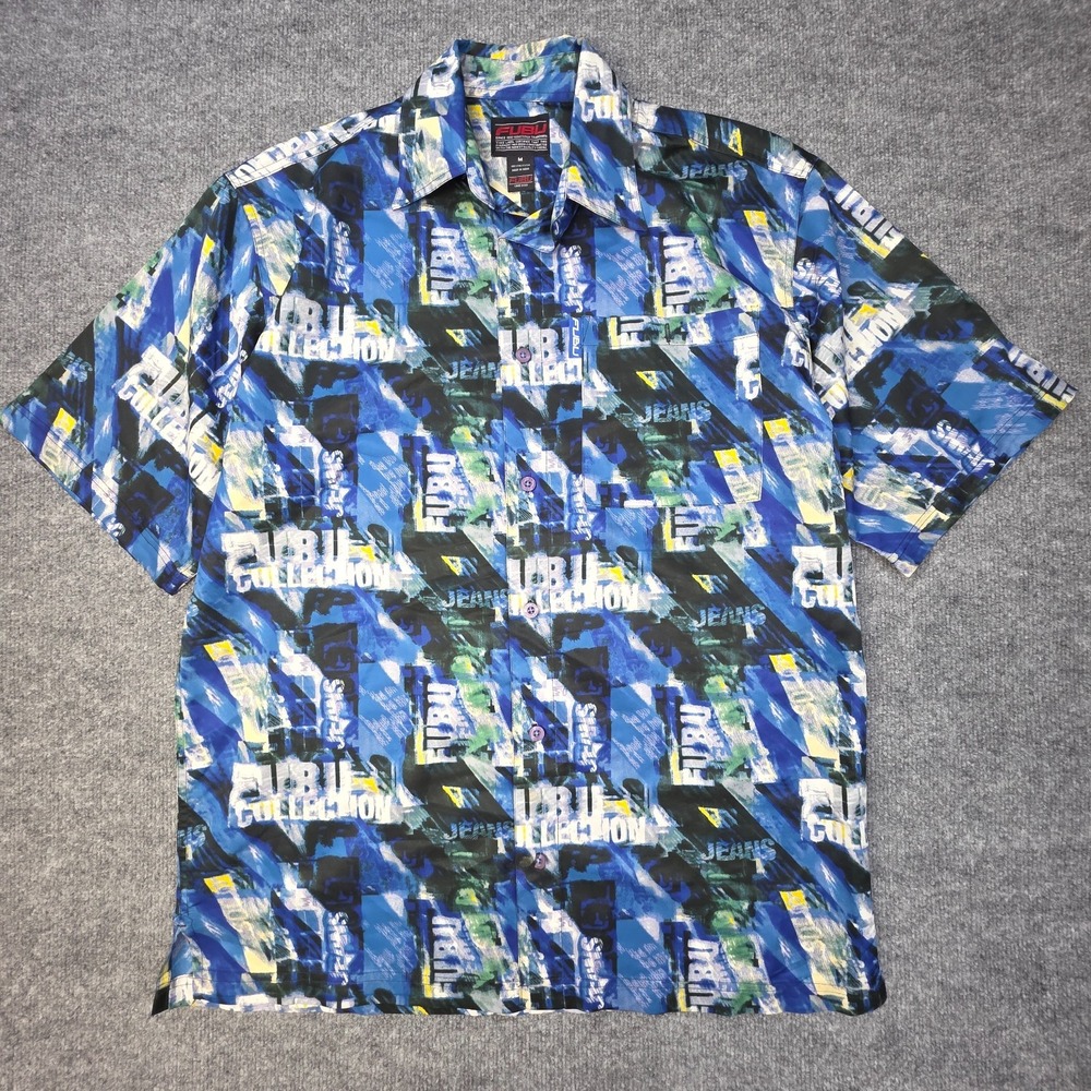 Fubu Shirt Size M Abstract Oversized Short Sleeve Hip Hop Hawaiian Y2K Button Up